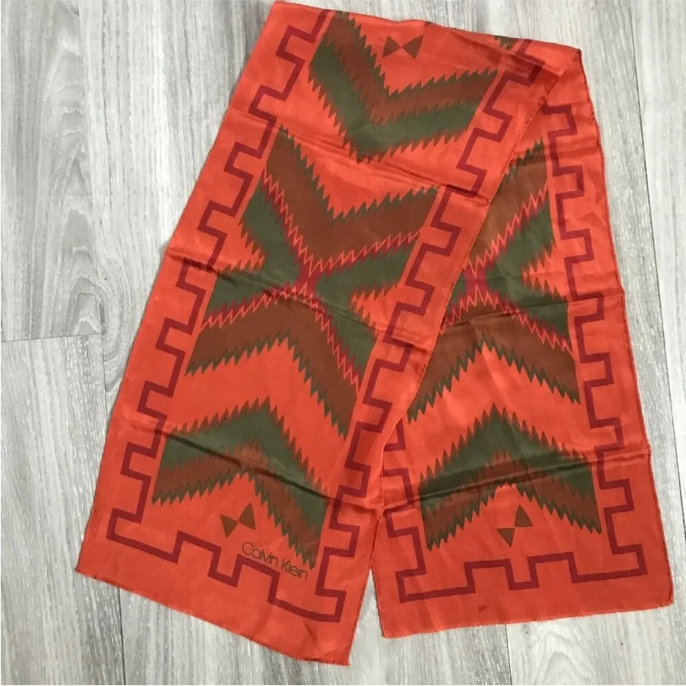 Vtg CALVIN KLEIN SCARF 100% SILK ORANGE RECTANGLE WRAP NATIVE AMERICAN GEO